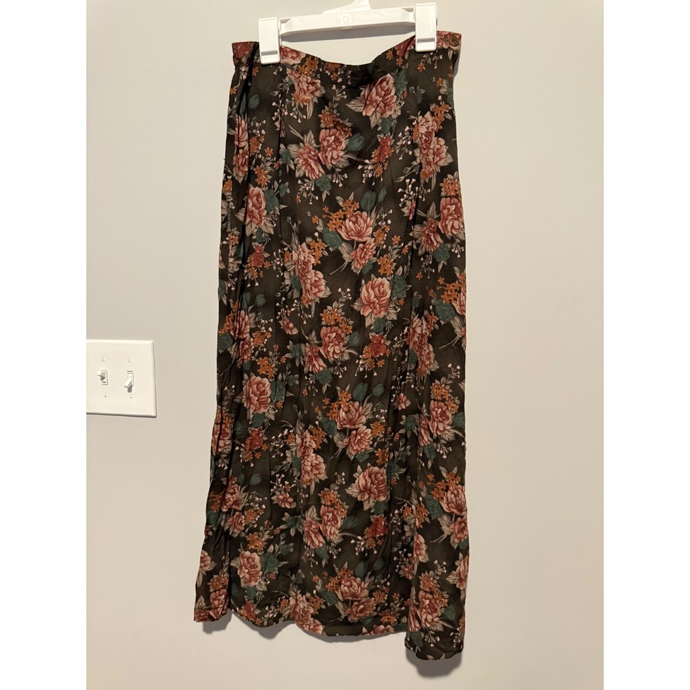 Van Heusen Womens Floral Midi Skirt Brown Rayon Elastic Waist Casual Size M